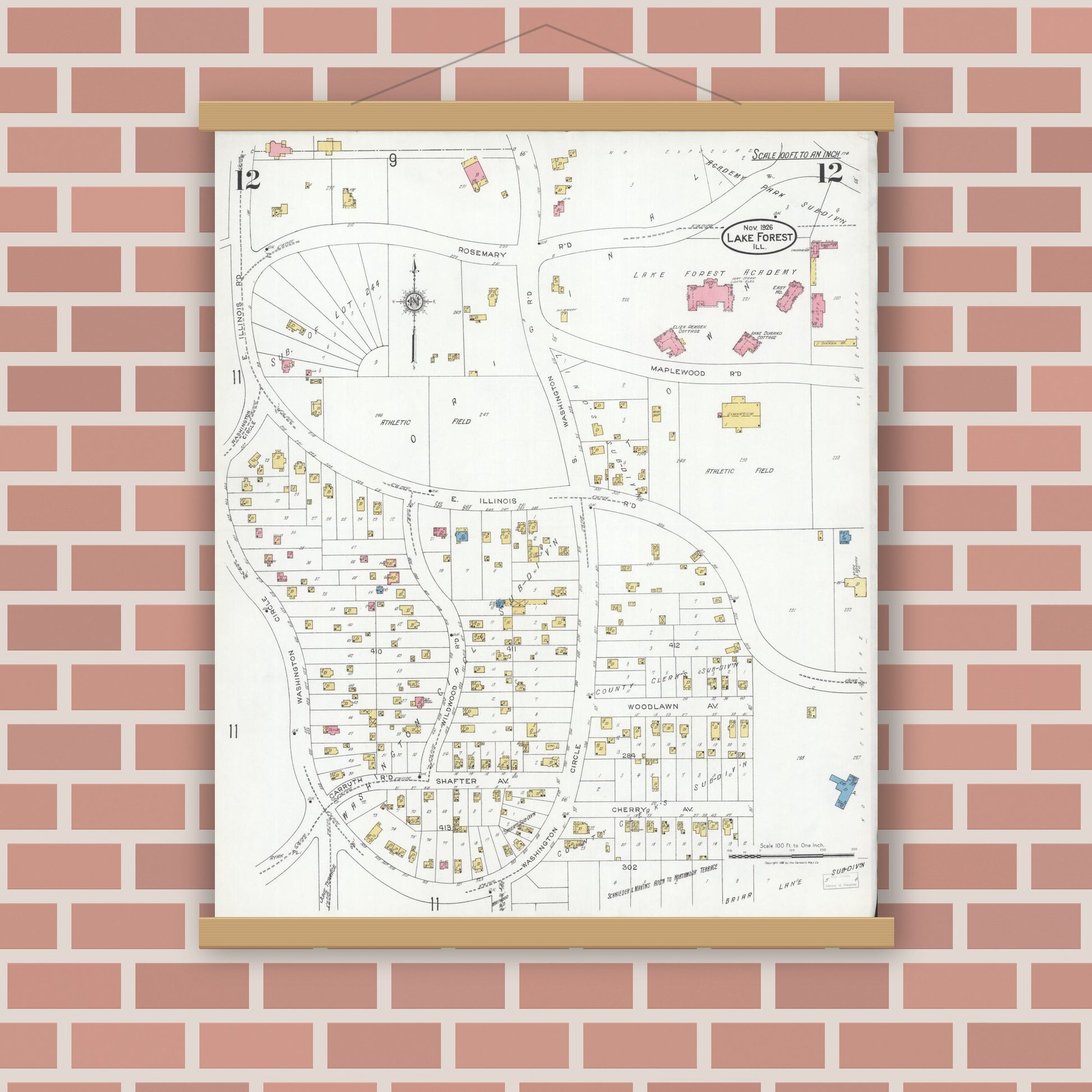 Old map wall art mockup — magnetic wood frame on brick wall — Sanborn Fire Insurance Map from Lake Forest, Lake County, Illinois (1926), Sheet #0012
