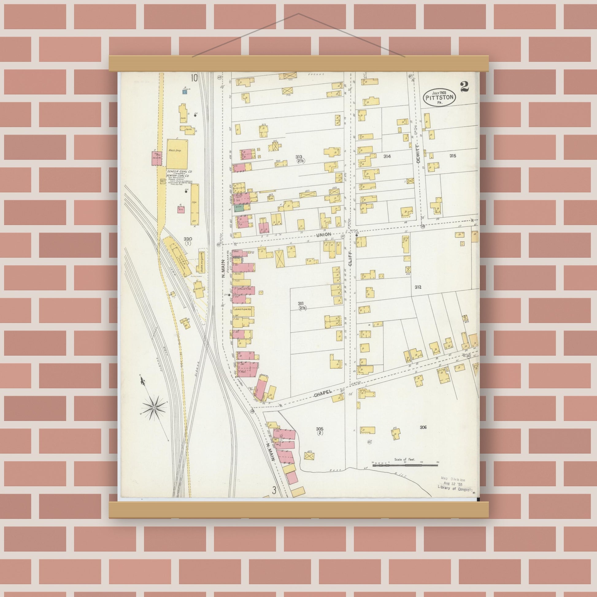 Old map wall art mockup — magnetic wood frame on brick wall — Sanborn Fire Insurance Map from Pittston, Luzerne County, Pennsylvania (1903), Sheet #0002