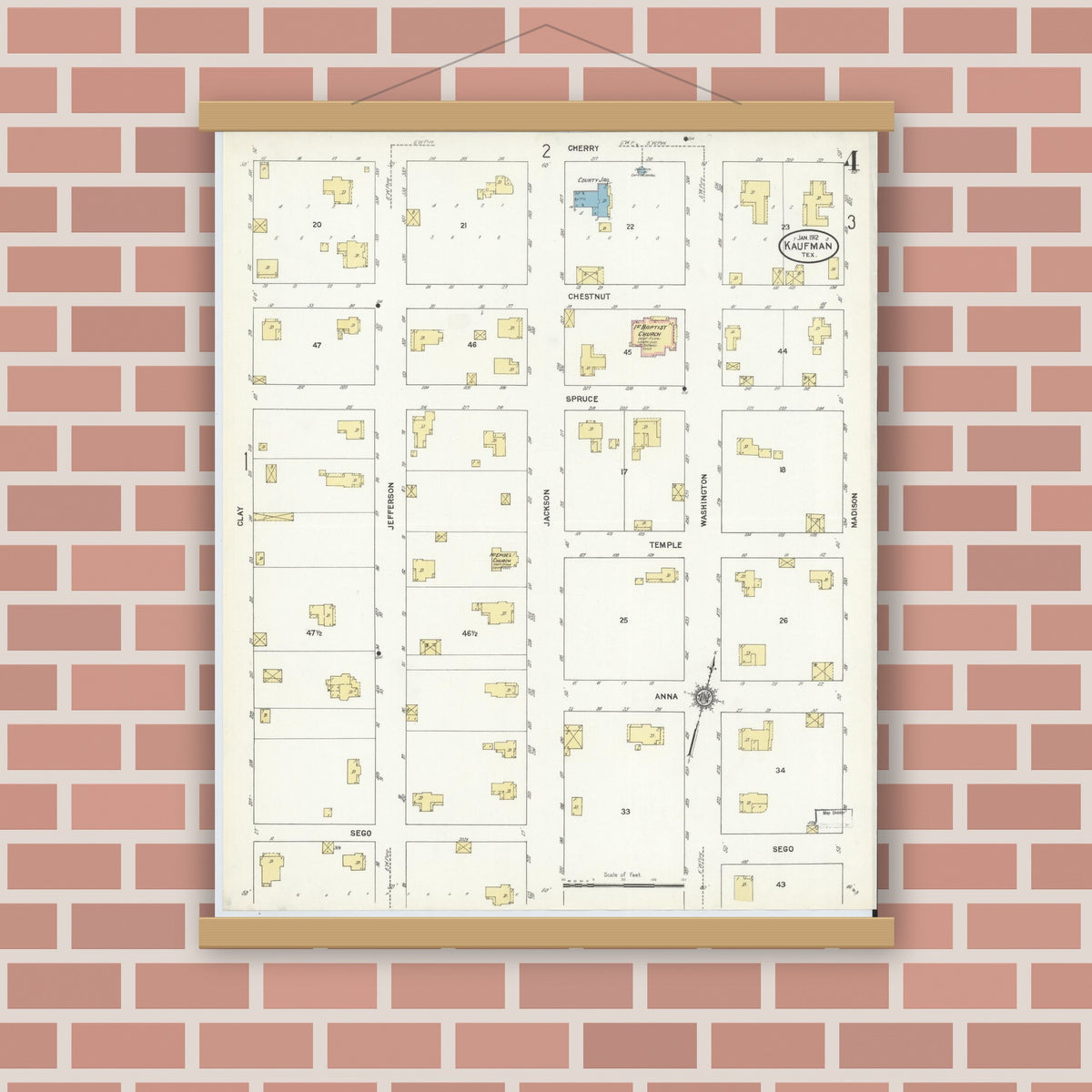 Old map wall art mockup — magnetic wood frame on brick wall — Sanborn Fire Insurance Map from Kaufman, Kaufman County, Texas (1912), Sheet #0004
