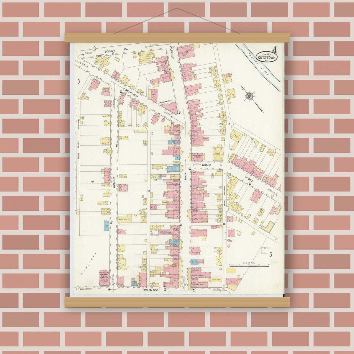 Old map wall art mockup — magnetic wood frame on brick wall — Sanborn Fire Insurance Map from Kutztown, Berks County, Pennsylvania (1913), Sheet #0004