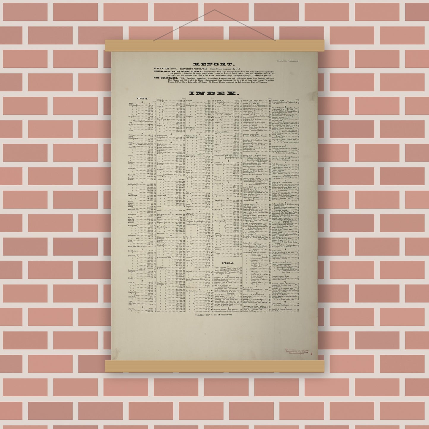 Old map wall art mockup — magnetic wood frame on brick wall — Sanborn Fire Insurance Map from Indianapolis, Marion County, Indiana (1887), Sheet #0001