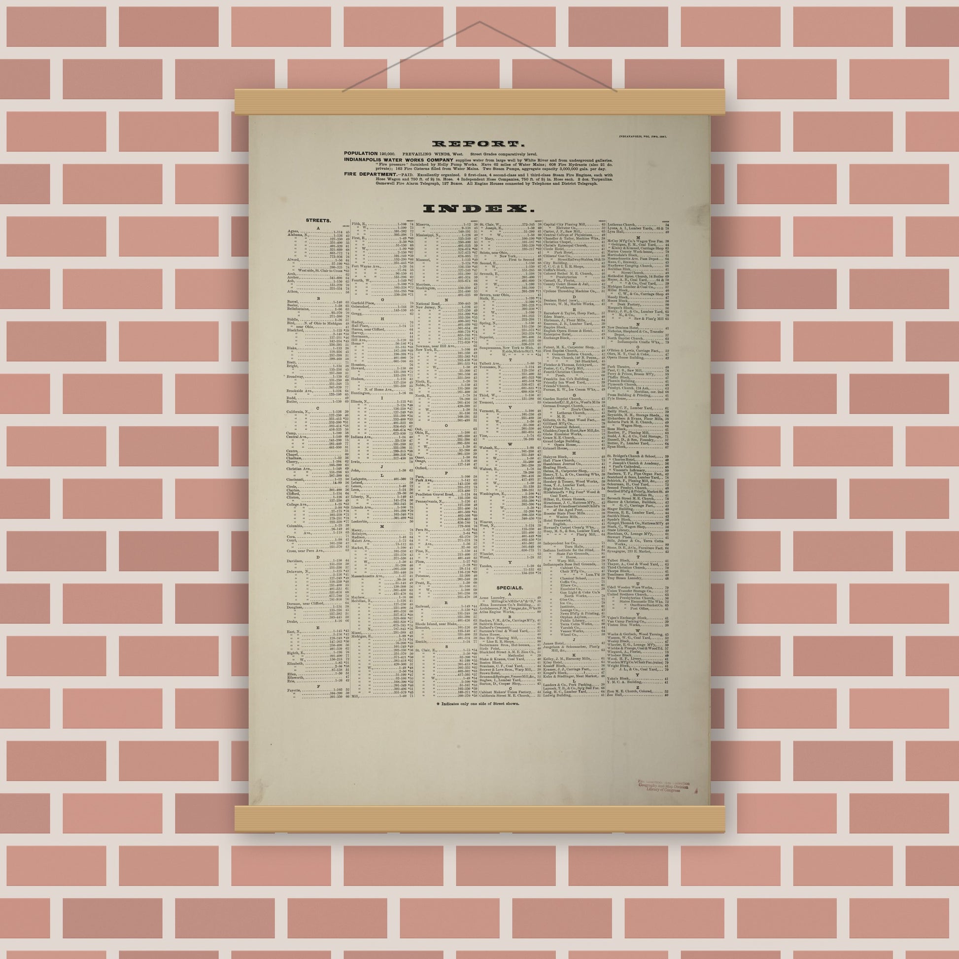Old map wall art mockup — magnetic wood frame on brick wall — Sanborn Fire Insurance Map from Indianapolis, Marion County, Indiana (1887), Sheet #0001
