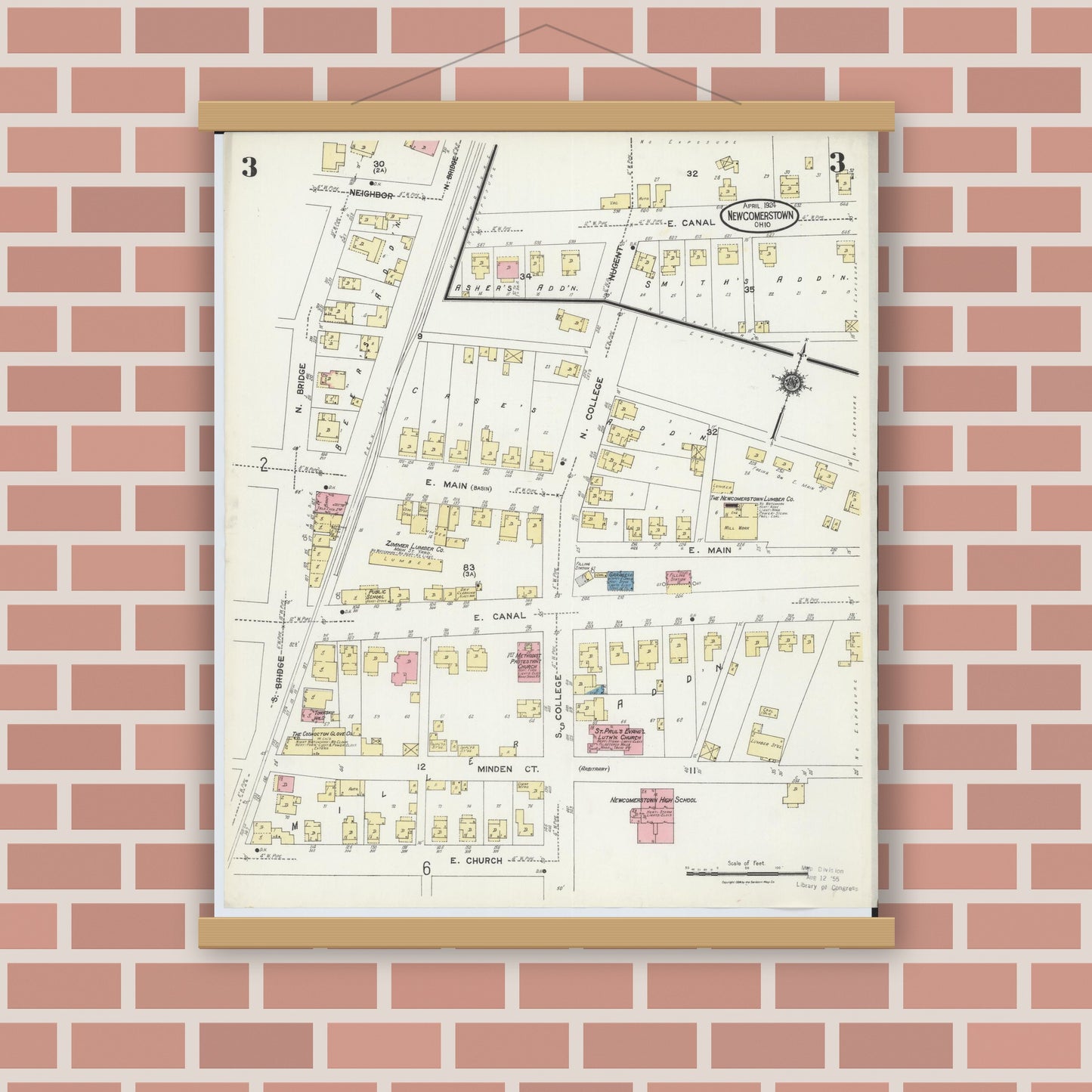 Old map wall art mockup — magnetic wood frame on brick wall — Sanborn Fire Insurance Map from Newcomerstown, Tuscarawas County, Ohio (1924), Sheet #0003