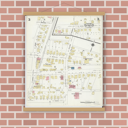 Old map wall art mockup — magnetic wood frame on brick wall — Sanborn Fire Insurance Map from Newcomerstown, Tuscarawas County, Ohio (1924), Sheet #0003
