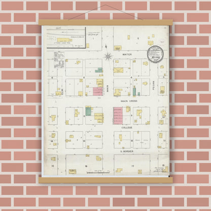 Old map wall art mockup — magnetic wood frame on brick wall — Sanborn Fire Insurance Map from Milford, Ellis County, Texas (1894), Sheet #0001