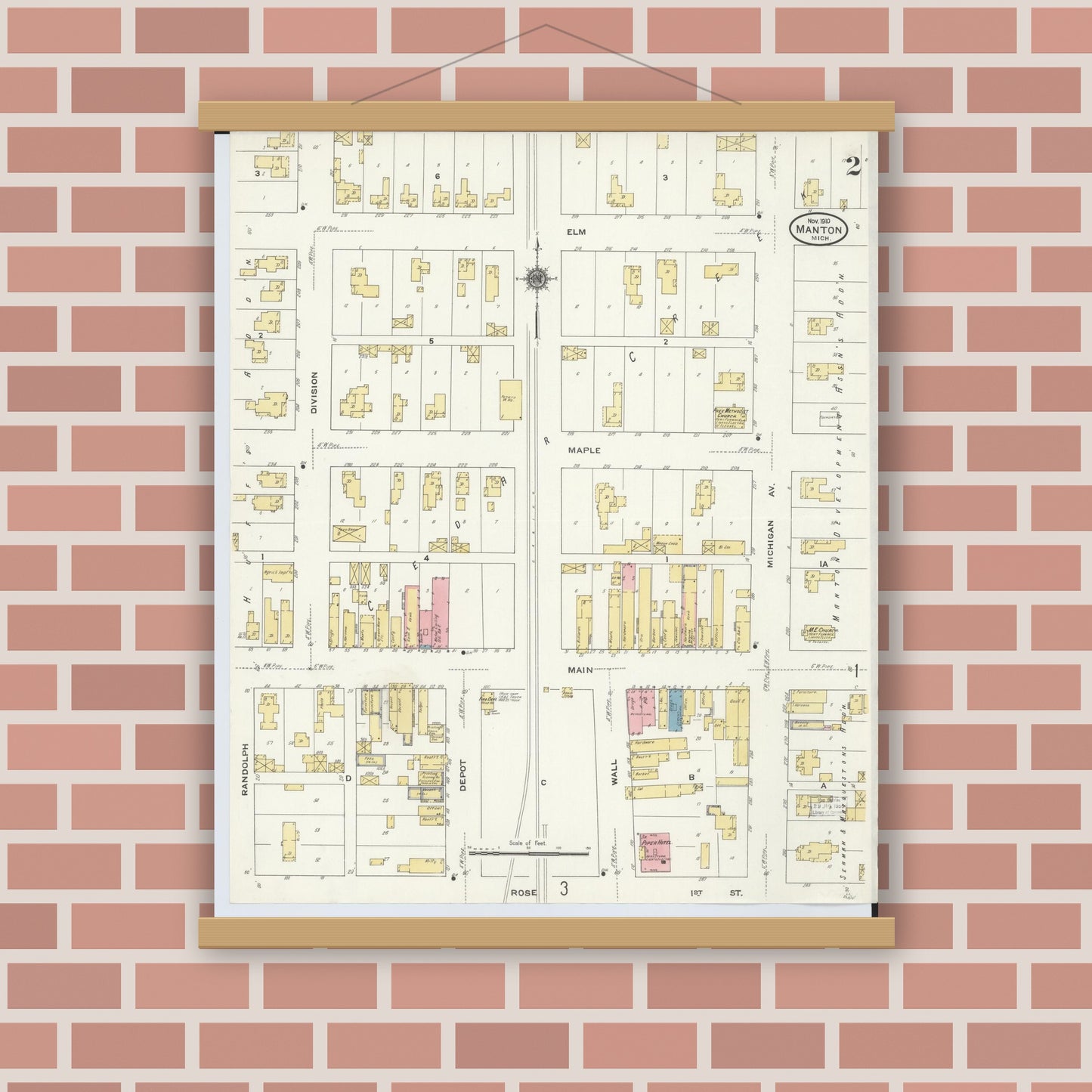 Old map wall art mockup — magnetic wood frame on brick wall — Sanborn Fire Insurance Map from Manton, Wexford County, Michigan (1910), Sheet #0002
