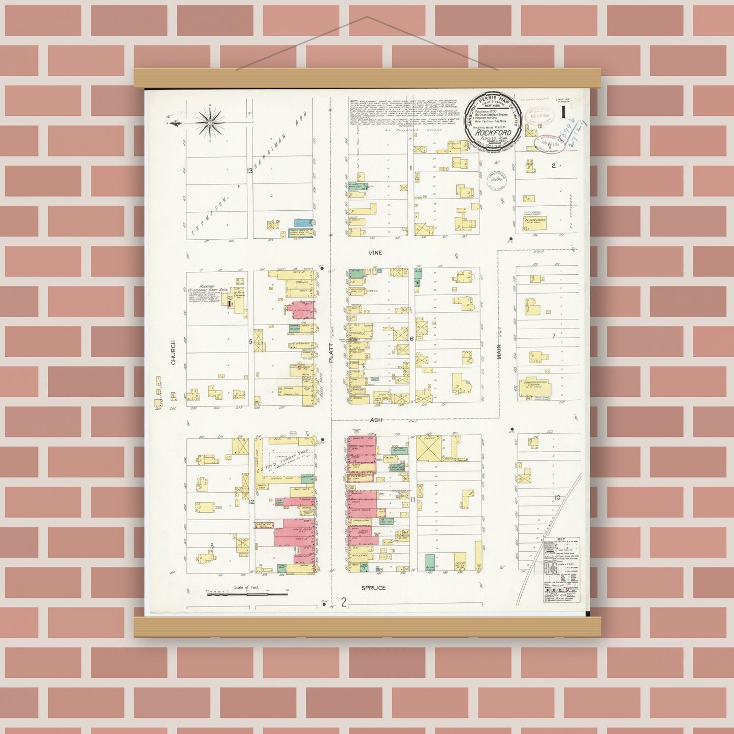 Old map wall art mockup — magnetic wood frame on brick wall — Sanborn Fire Insurance Map from Rockford, Floyd County, Iowa (1899), Sheet #0001