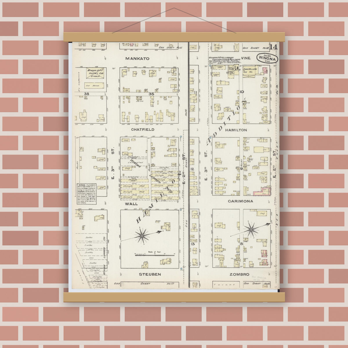 Old map wall art mockup — magnetic wood frame on brick wall — Sanborn Fire Insurance Map from Winona, Winona County, Minnesota (1884), Sheet #0014