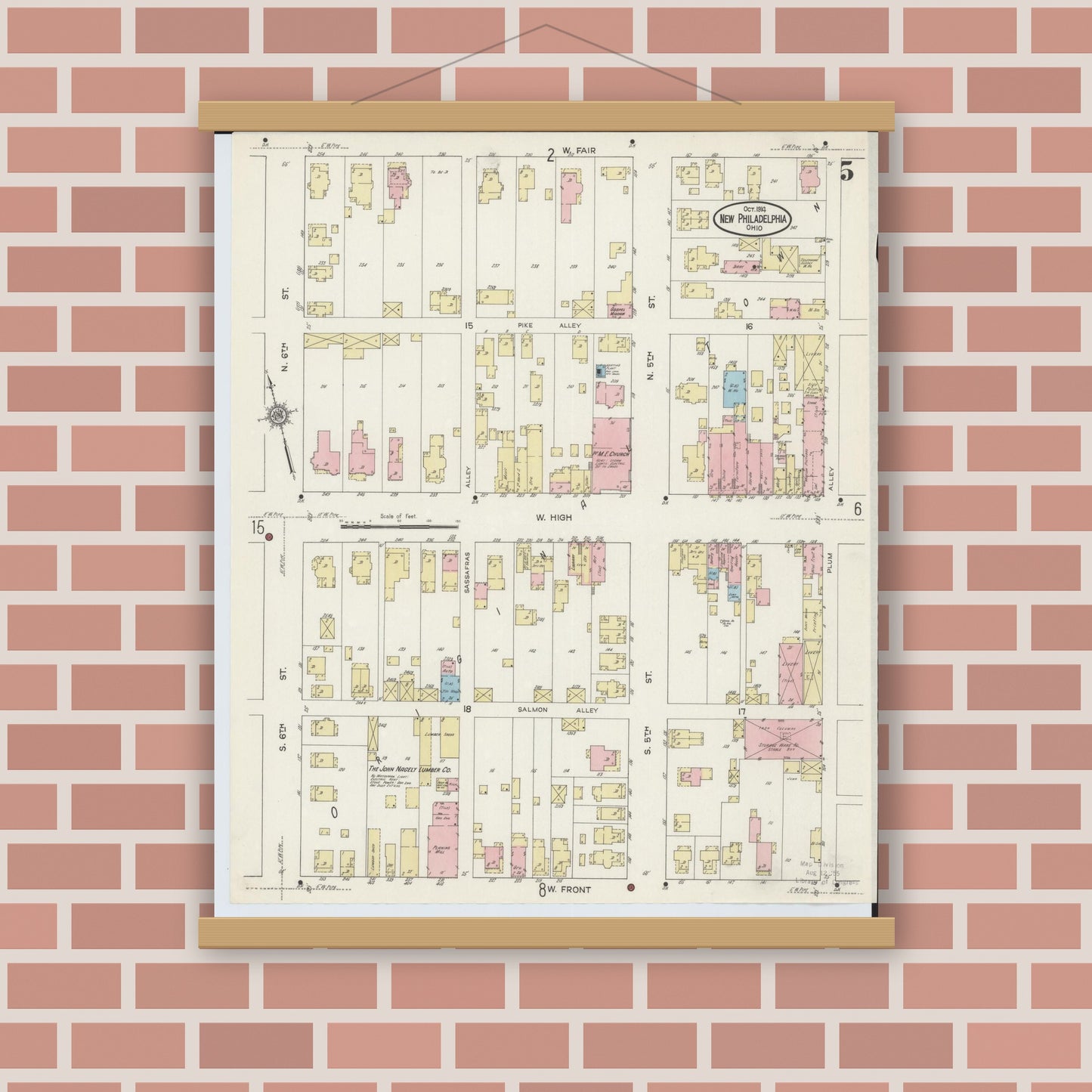 Old map wall art mockup — magnetic wood frame on brick wall — Sanborn Fire Insurance Map from New Philadelphia, Tuscarawas County, Ohio (1914), Sheet #0005