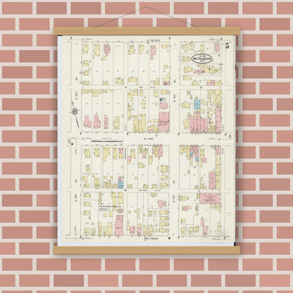 Old map wall art mockup — magnetic wood frame on brick wall — Sanborn Fire Insurance Map from New Philadelphia, Tuscarawas County, Ohio (1914), Sheet #0005