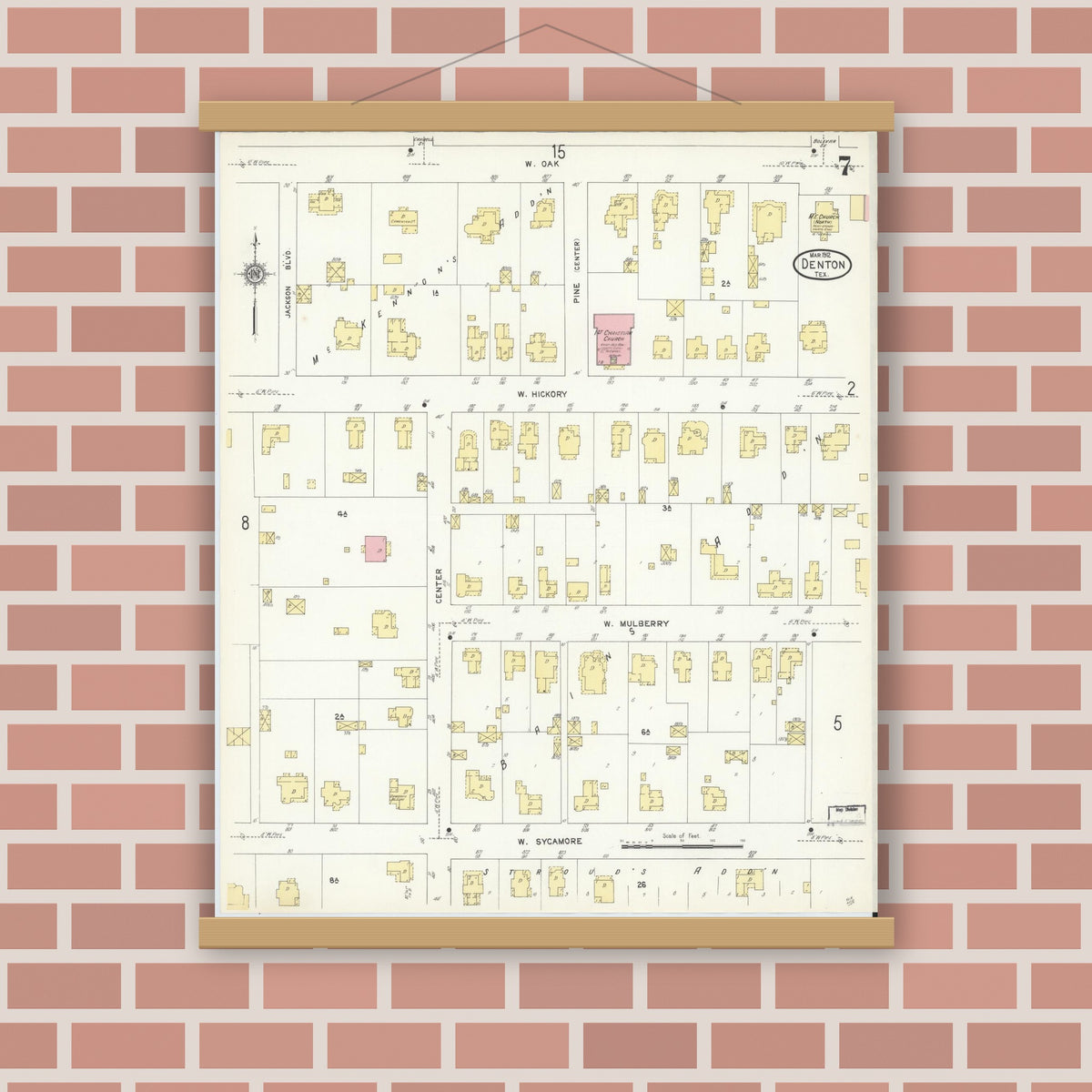 Old map wall art mockup — magnetic wood frame on brick wall — Sanborn Fire Insurance Map from Denton, Denton County, Texas (1912), Sheet #0007