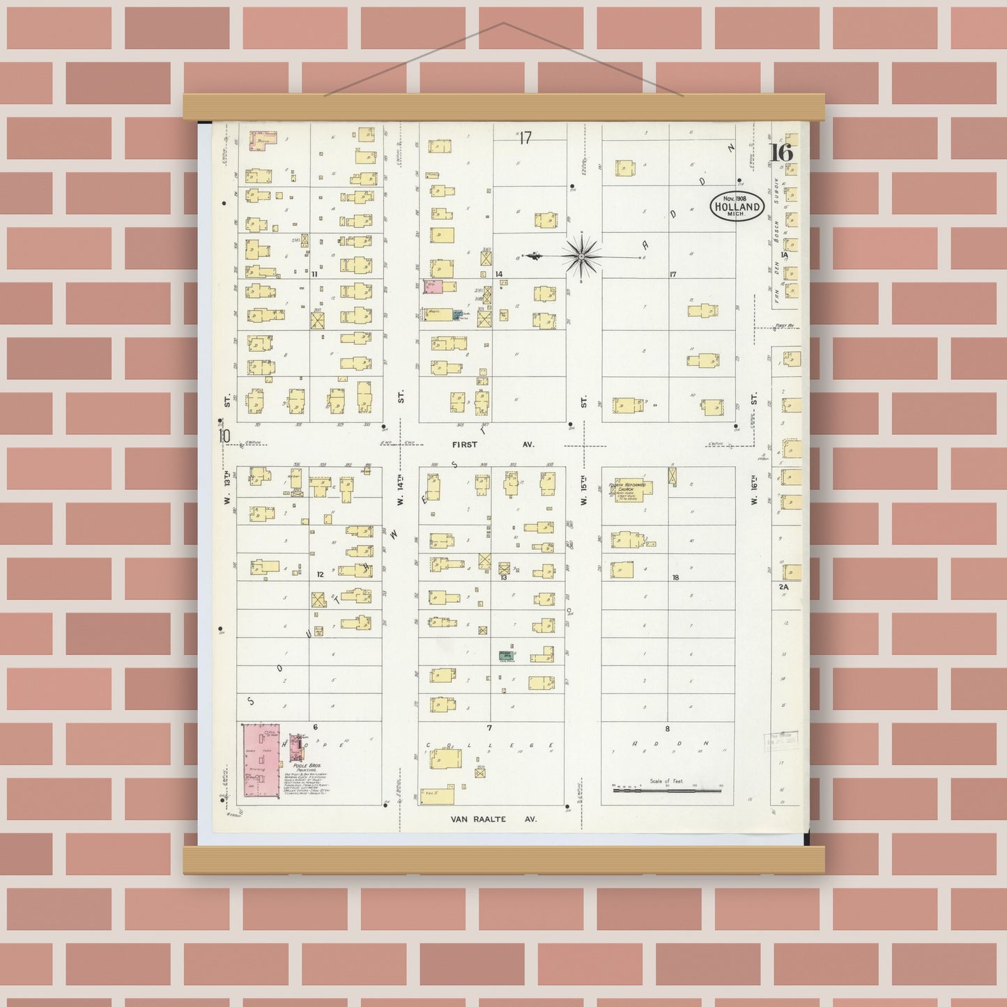 Old map wall art mockup — magnetic wood frame on brick wall — Sanborn Fire Insurance Map from Holland, Ottawa County, Michigan (1908), Sheet #0016