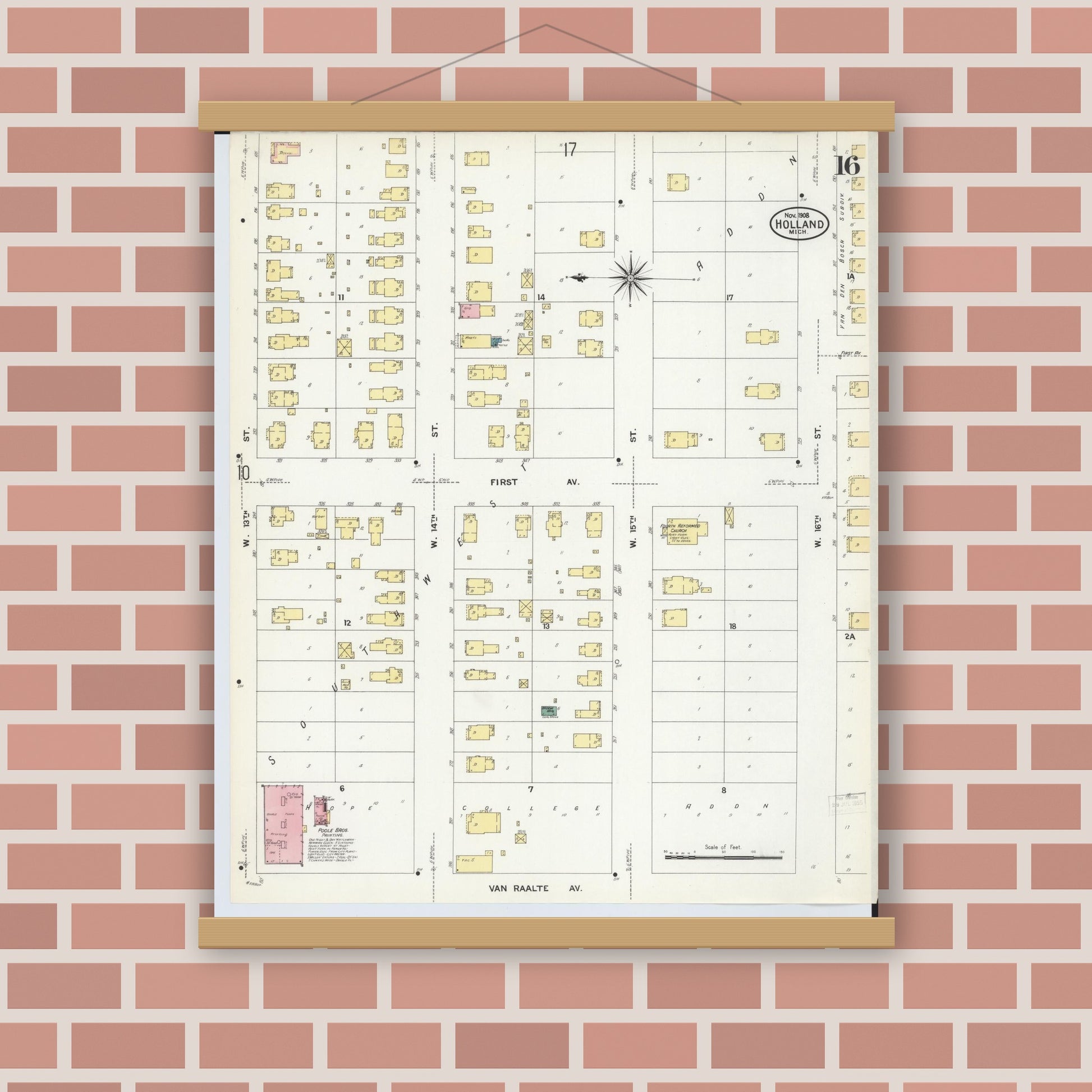 Old map wall art mockup — magnetic wood frame on brick wall — Sanborn Fire Insurance Map from Holland, Ottawa County, Michigan (1908), Sheet #0016