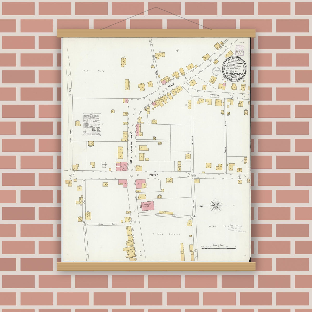 Old map wall art mockup — magnetic wood frame on brick wall — Sanborn Fire Insurance Map from West Alexander, Washington County, Pennsylvania (1901), Sheet #0001
