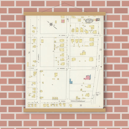Old map wall art mockup — magnetic wood frame on brick wall — Sanborn Fire Insurance Map from Salisbury, Rowan County, North Carolina (1913), Sheet #0022