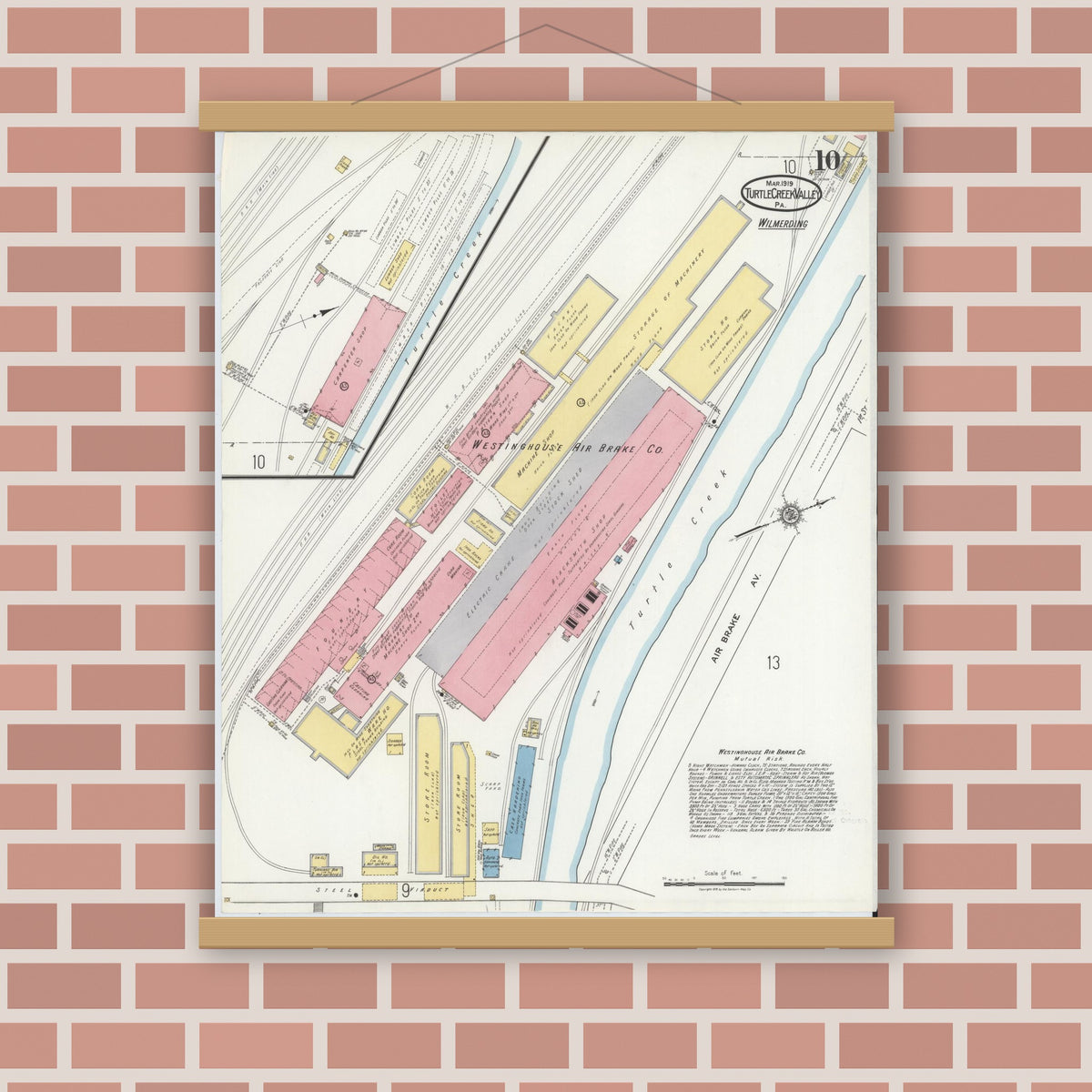 Old map wall art mockup — magnetic wood frame on brick wall — Sanborn Fire Insurance Map from Turtle Creek Valley, Allegheny County, Pennsylvania (1919), Sheet #0010