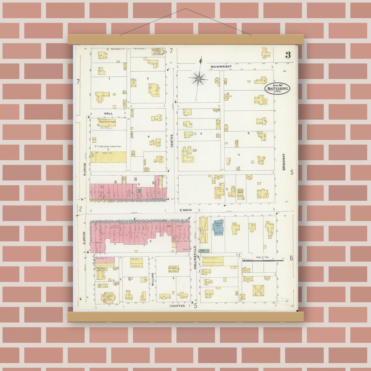 Old map wall art mockup — magnetic wood frame on brick wall — Sanborn Fire Insurance Map from Whitesboro, Grayson County, Texas (1907), Sheet #0003