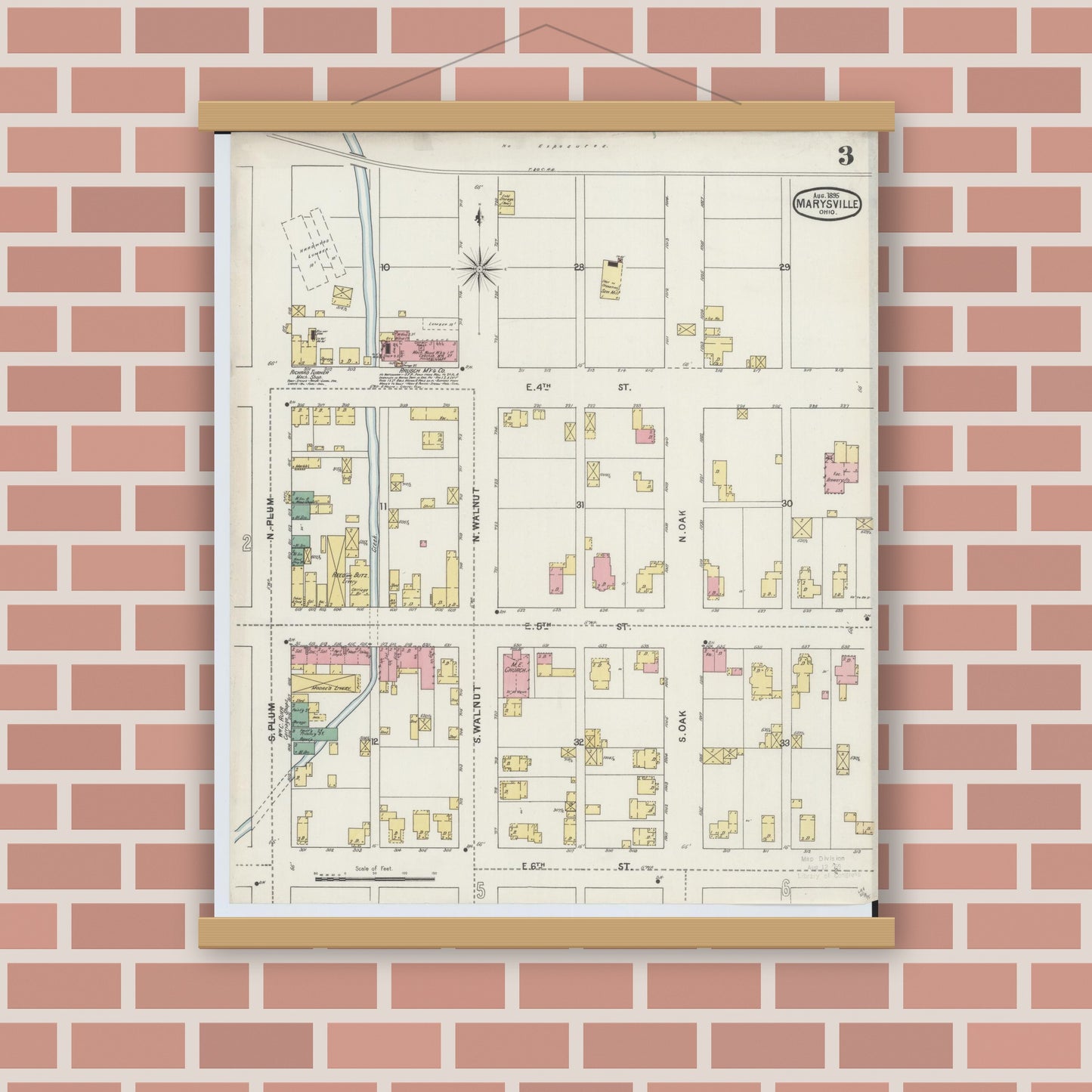 Old map wall art mockup — magnetic wood frame on brick wall — Sanborn Fire Insurance Map from Marysville, Union County, Ohio (1895), Sheet #0003