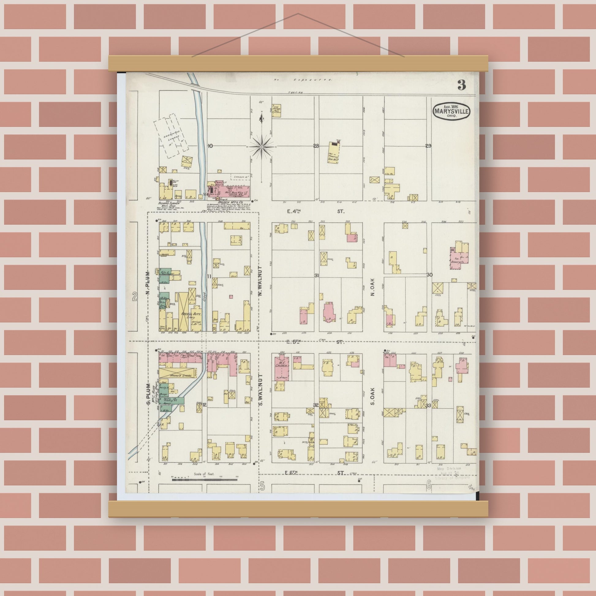 Old map wall art mockup — magnetic wood frame on brick wall — Sanborn Fire Insurance Map from Marysville, Union County, Ohio (1895), Sheet #0003
