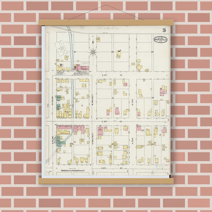 Old map wall art mockup — magnetic wood frame on brick wall — Sanborn Fire Insurance Map from Marysville, Union County, Ohio (1895), Sheet #0003