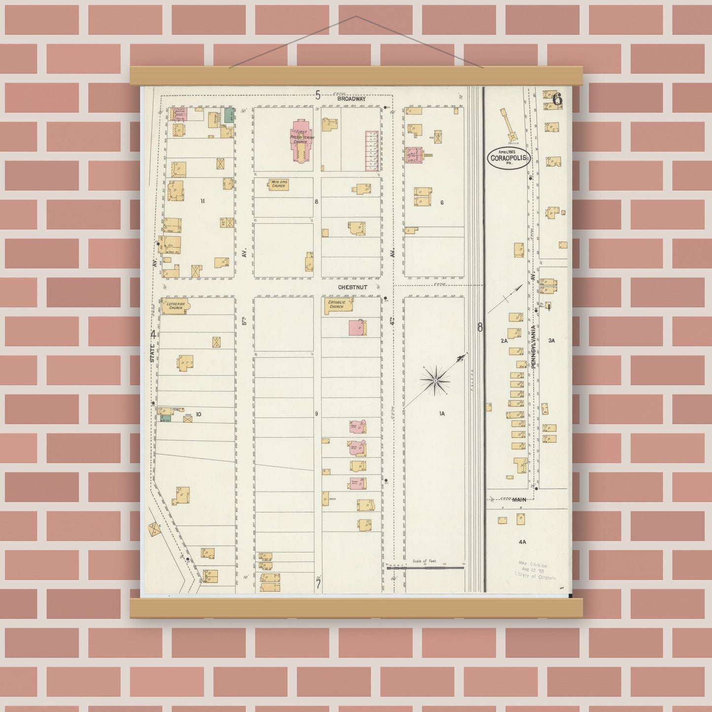 Old map wall art mockup — magnetic wood frame on brick wall — Sanborn Fire Insurance Map from Coraopolis, Allegheny County, Pennsylvania (1902), Sheet #0006