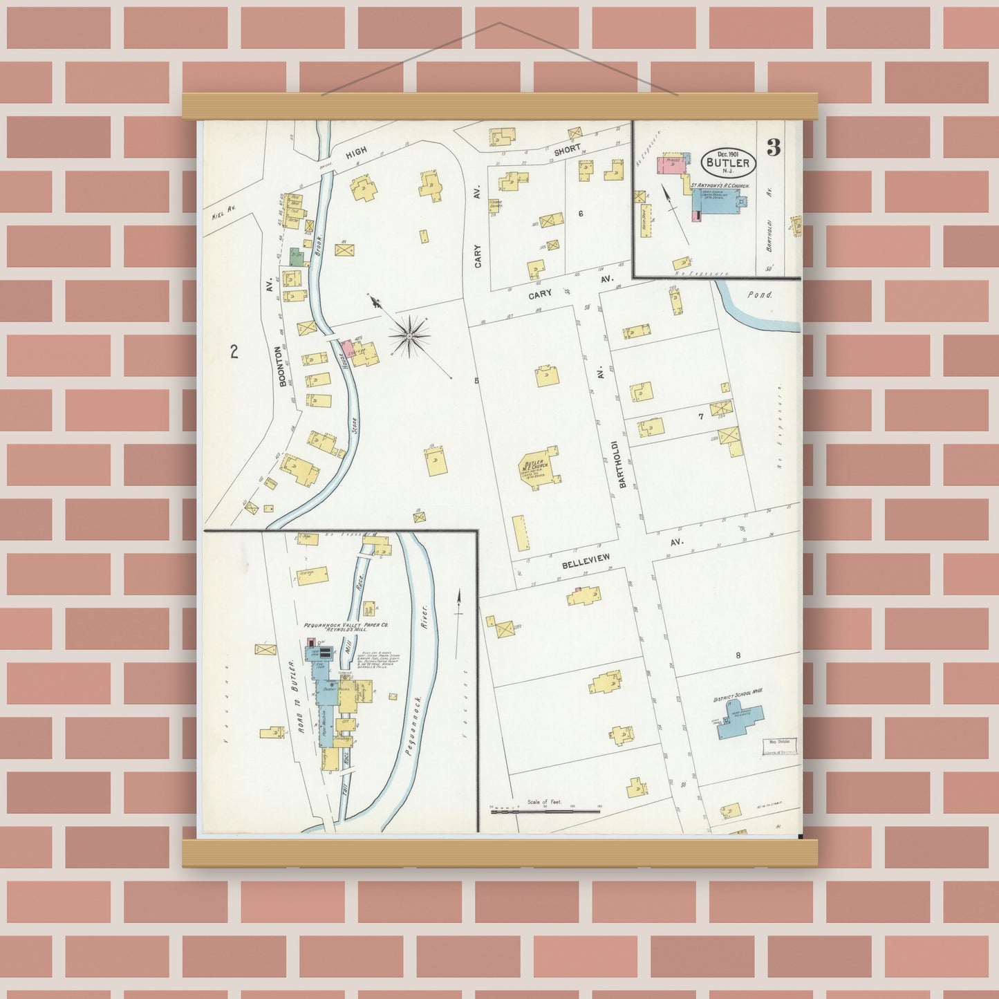 Old map wall art mockup — magnetic wood frame on brick wall — Sanborn Fire Insurance Map from Butler, Morris County, New Jersey (1901), Sheet #0003