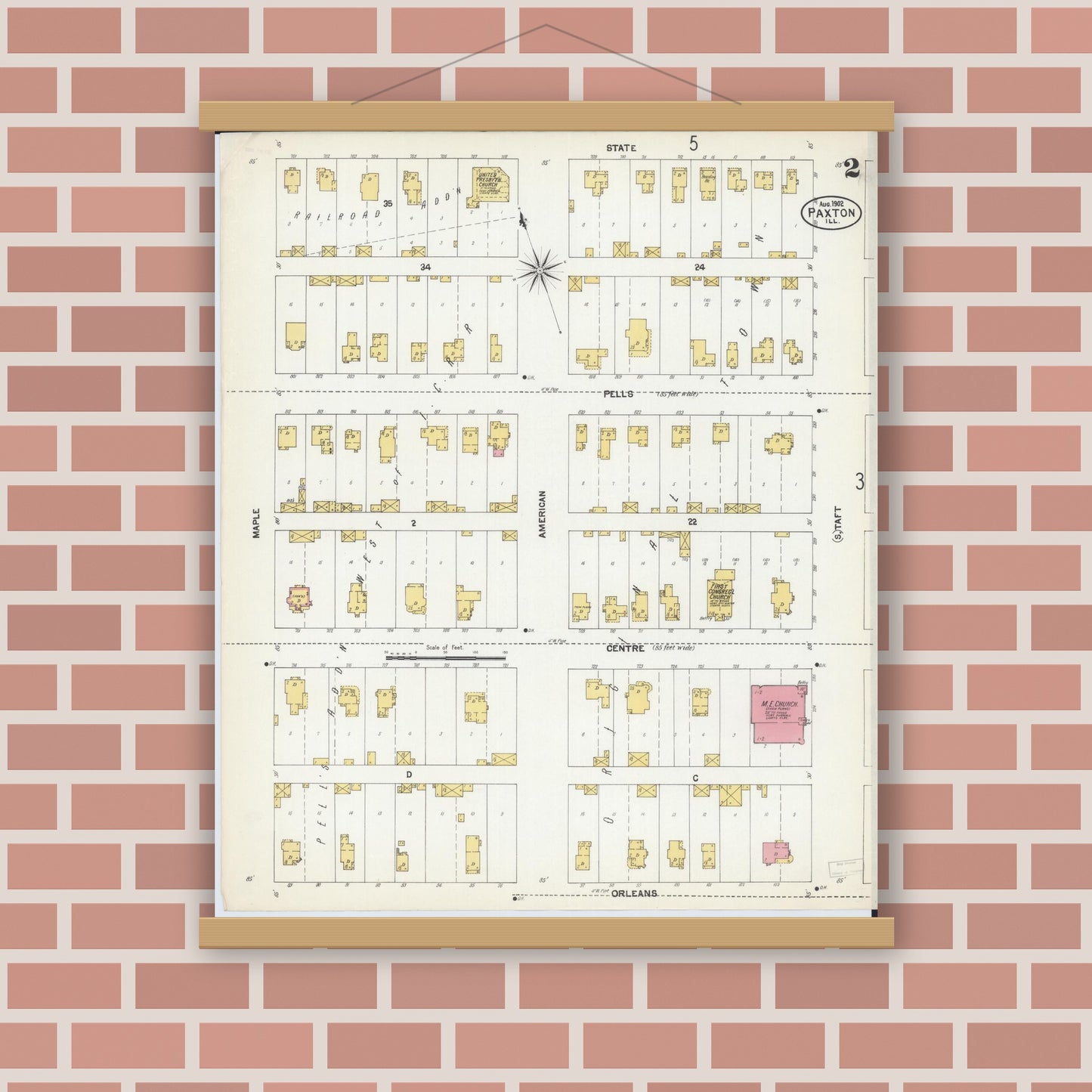 Old map wall art mockup — magnetic wood frame on brick wall — Sanborn Fire Insurance Map from Paxton, Ford County, Illinois (1902), Sheet #0002