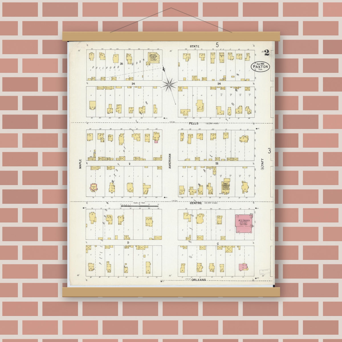 Old map wall art mockup — magnetic wood frame on brick wall — Sanborn Fire Insurance Map from Paxton, Ford County, Illinois (1902), Sheet #0002
