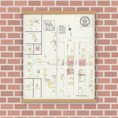 Old map wall art mockup — magnetic wood frame on brick wall — Sanborn Fire Insurance Map from Purdy, Barry County, Missouri (1915), Sheet #0001