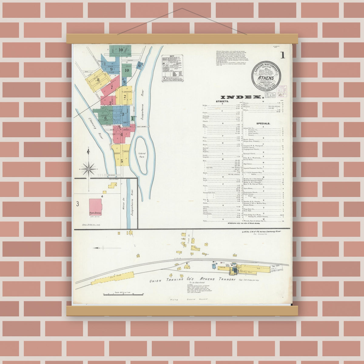 Old map wall art mockup — magnetic wood frame on brick wall — Sanborn Fire Insurance Map from Athens, Bradford County, Pennsylvania (1903) - Complete Map Set