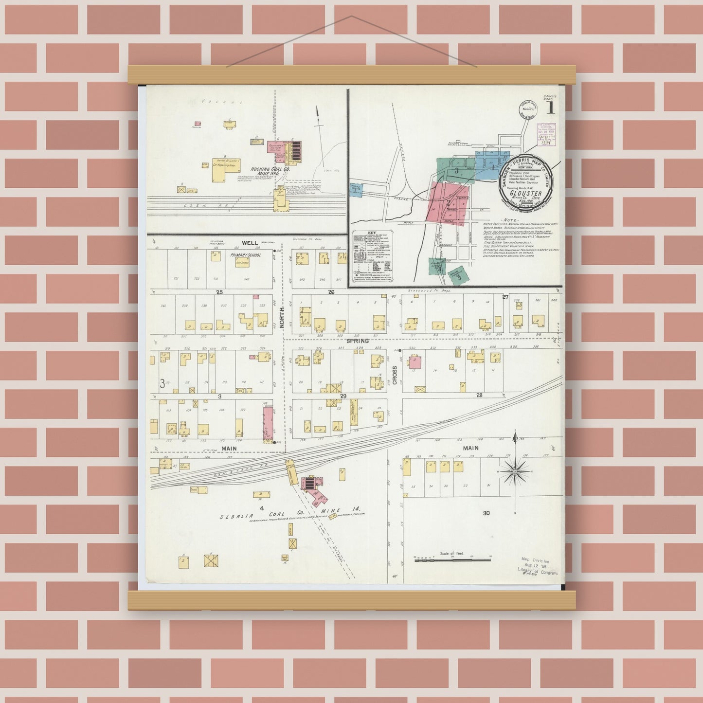 Old map wall art mockup — magnetic wood frame on brick wall — Sanborn Fire Insurance Map from Glouster, Athens County, Ohio (1901), Sheet #0001