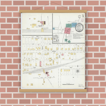 Old map wall art mockup — magnetic wood frame on brick wall — Sanborn Fire Insurance Map from Glouster, Athens County, Ohio (1901), Sheet #0001