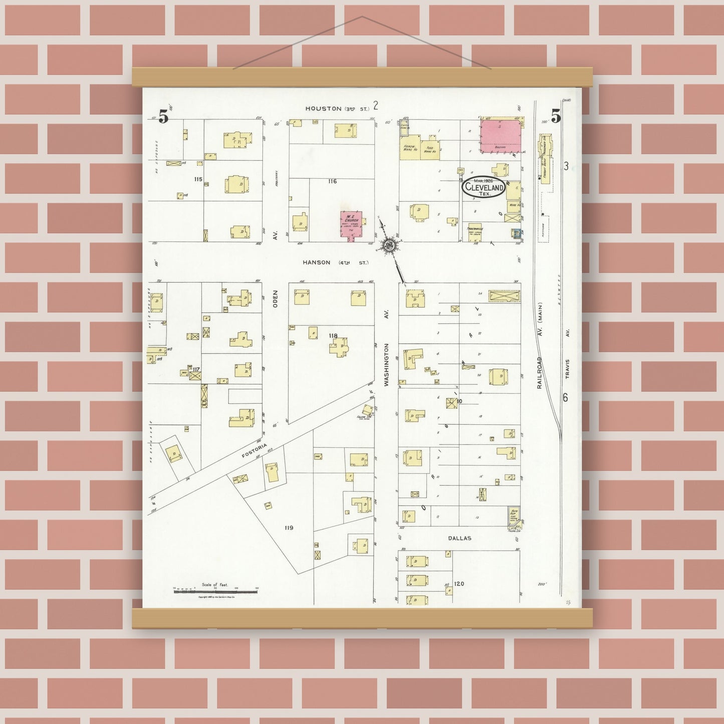 Old map wall art mockup — magnetic wood frame on brick wall — Sanborn Fire Insurance Map from Cleveland, Liberty County, Texas (1926), Sheet #0005