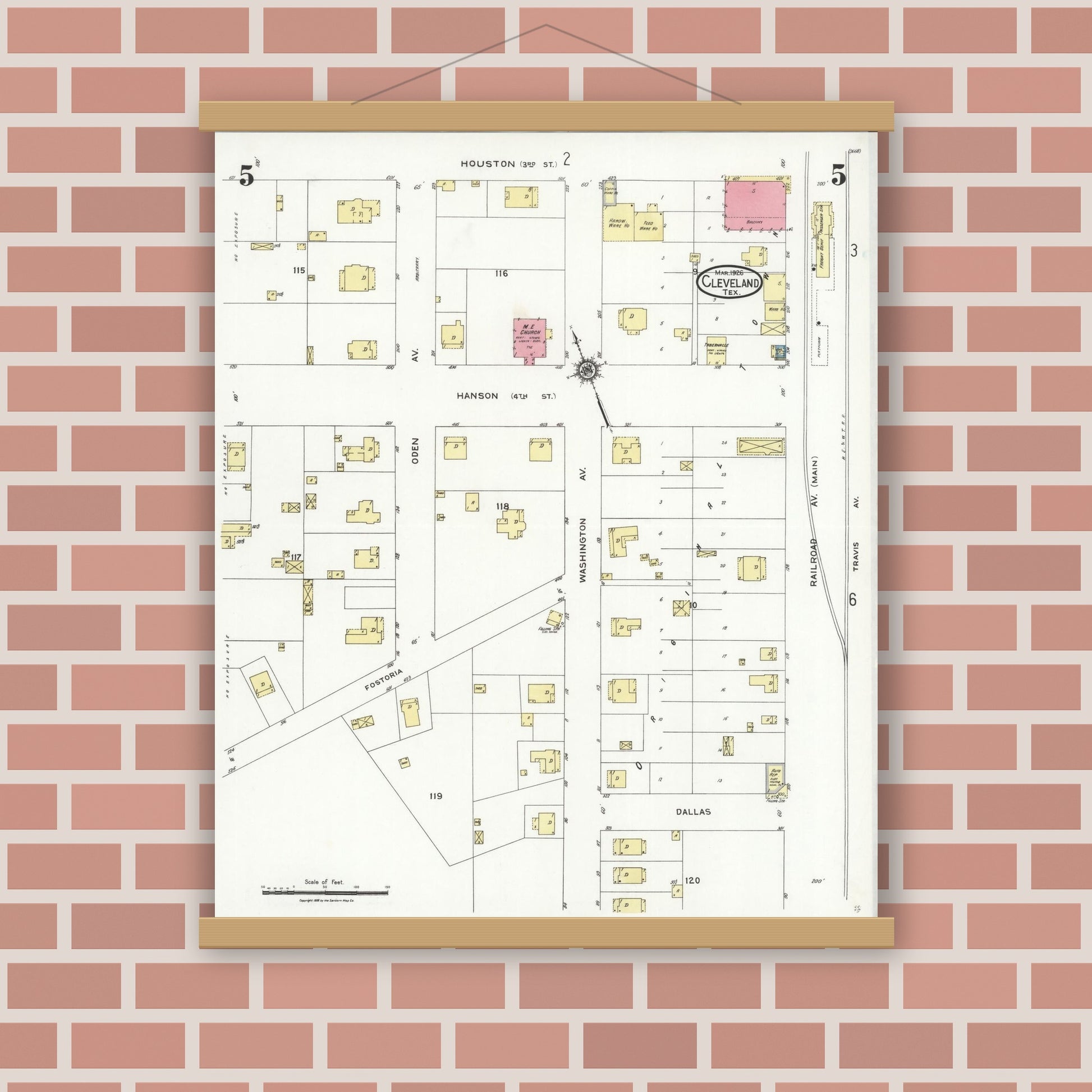 Old map wall art mockup — magnetic wood frame on brick wall — Sanborn Fire Insurance Map from Cleveland, Liberty County, Texas (1926), Sheet #0005