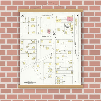 Old map wall art mockup — magnetic wood frame on brick wall — Sanborn Fire Insurance Map from Cleveland, Liberty County, Texas (1926), Sheet #0005