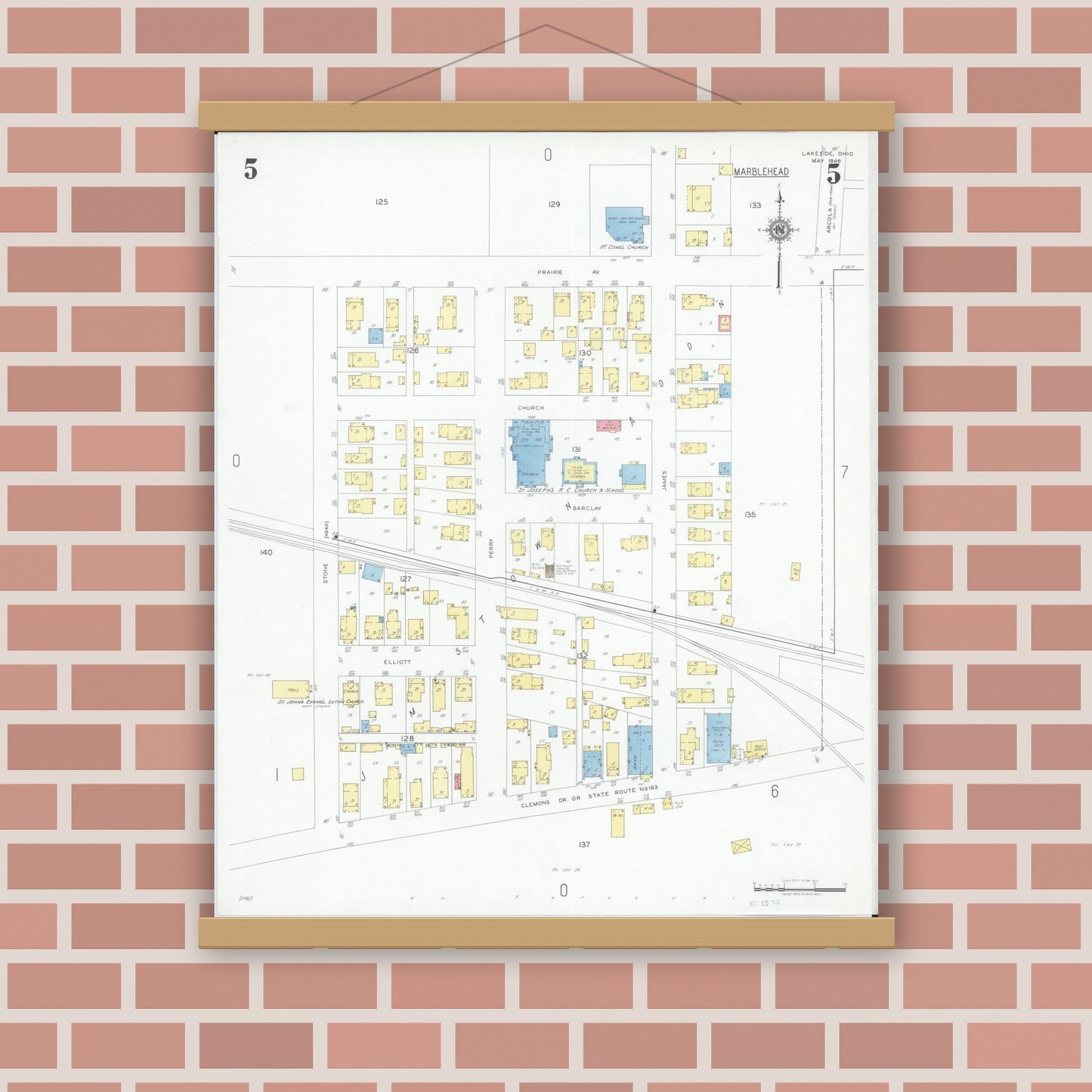 Old map wall art mockup — magnetic wood frame on brick wall — Sanborn Fire Insurance Map from Lakeside, Ottawa County, Ohio (1946), Sheet #0005
