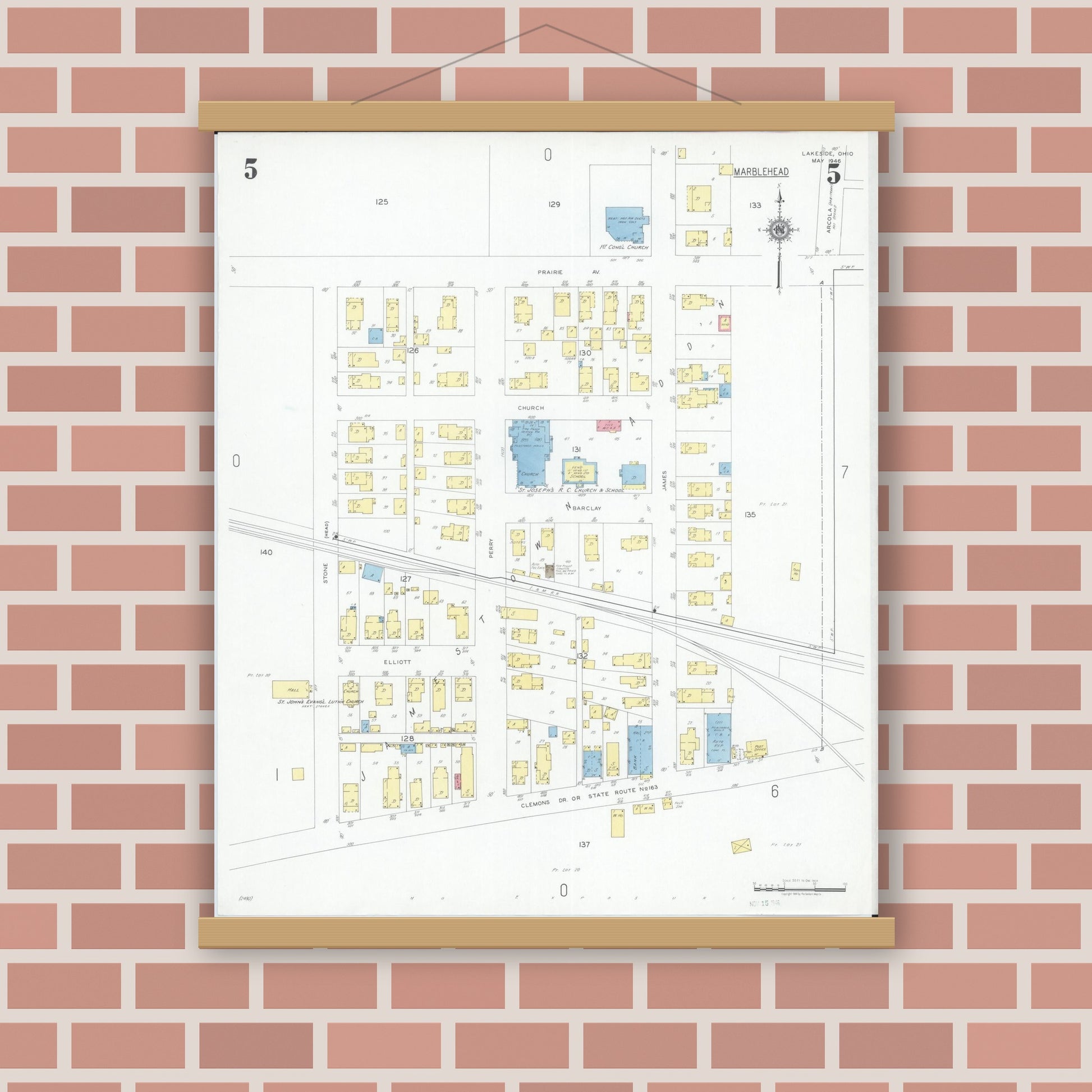 Old map wall art mockup — magnetic wood frame on brick wall — Sanborn Fire Insurance Map from Lakeside, Ottawa County, Ohio (1946), Sheet #0005