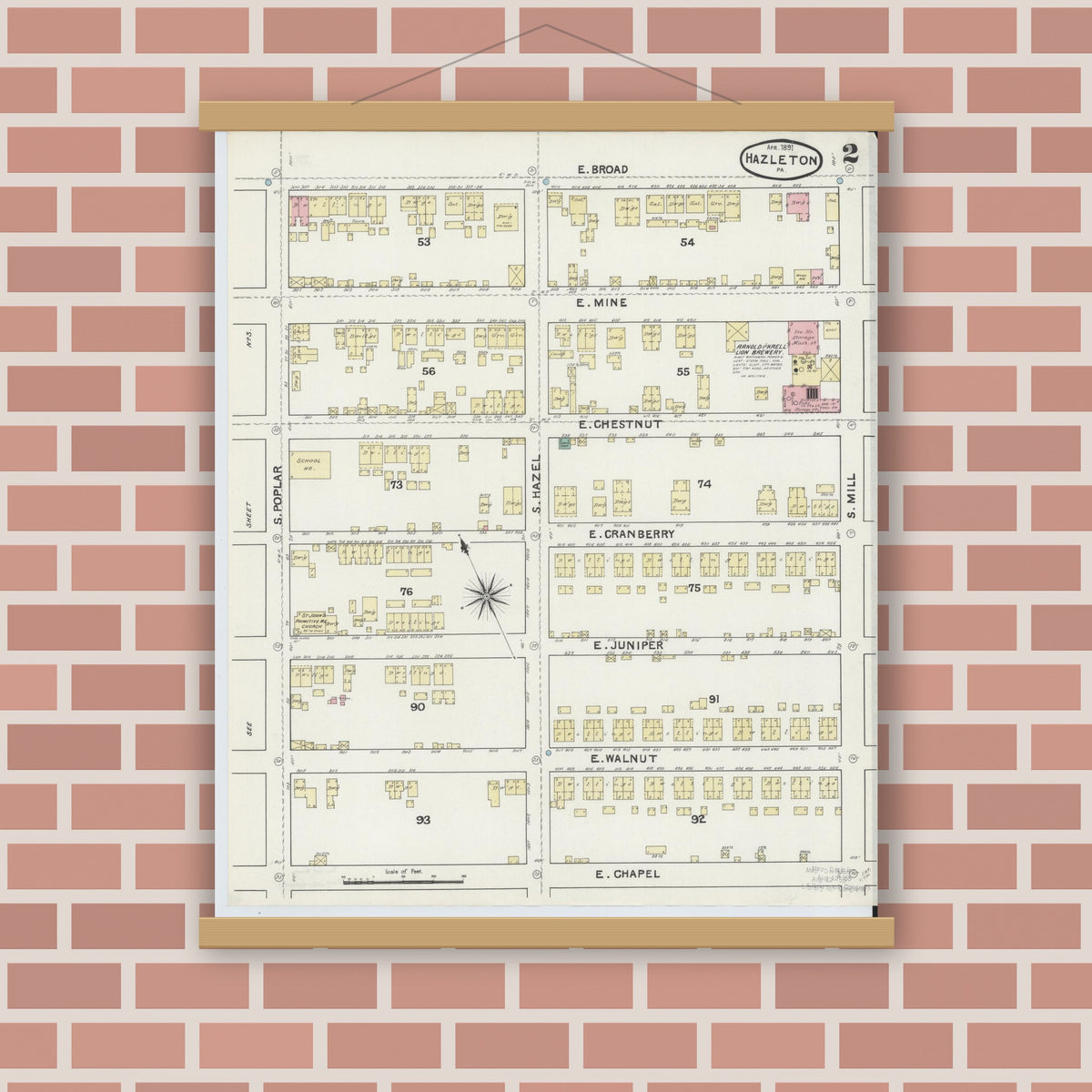 Old map wall art mockup — magnetic wood frame on brick wall — Sanborn Fire Insurance Map from Hazleton, Luzerne County, Pennsylvania (1891), Sheet #0002
