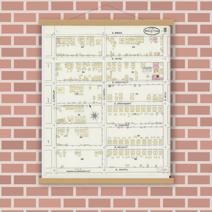 Old map wall art mockup — magnetic wood frame on brick wall — Sanborn Fire Insurance Map from Hazleton, Luzerne County, Pennsylvania (1891), Sheet #0002