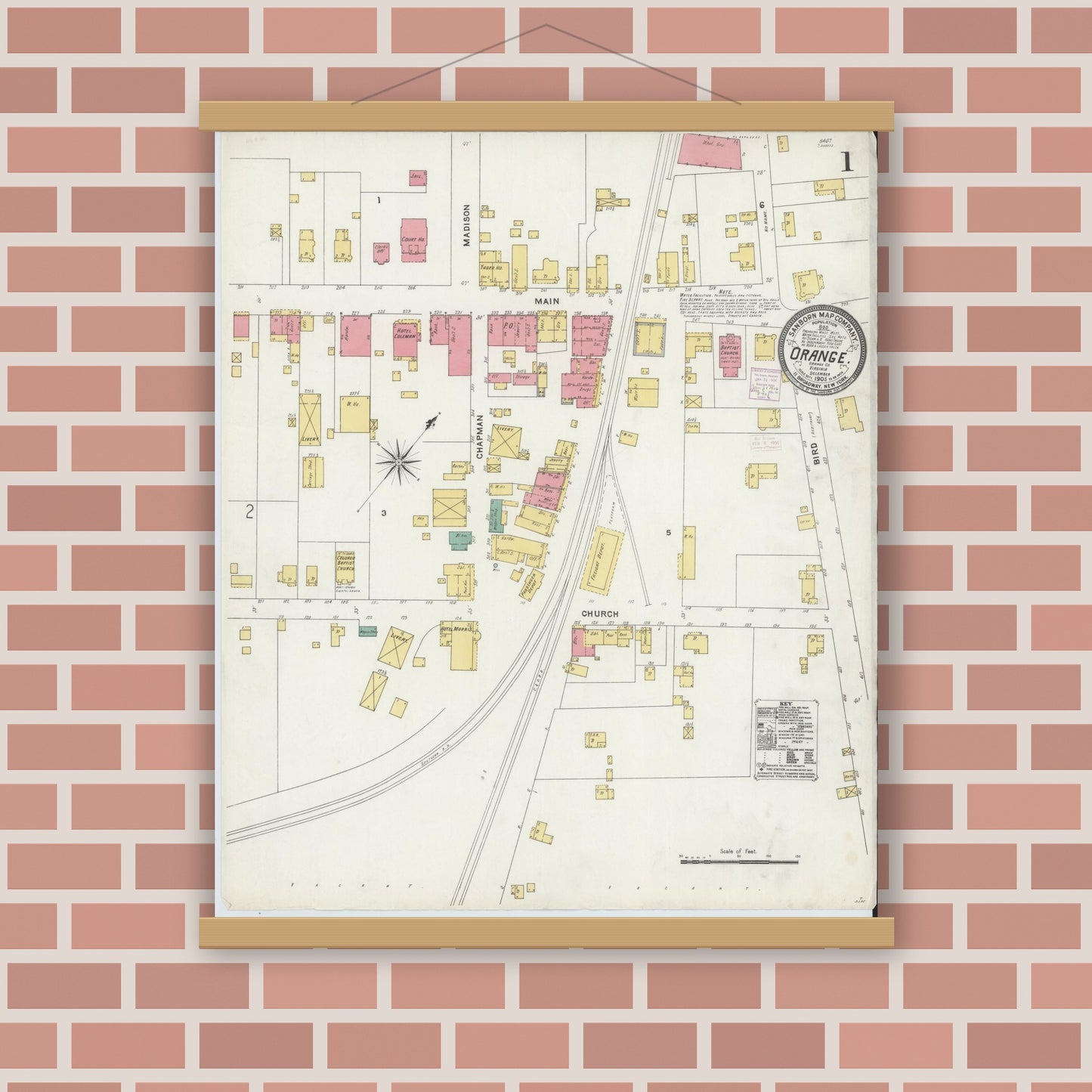 Old map wall art mockup — magnetic wood frame on brick wall — Sanborn Fire Insurance Map from Orange, Orange County, Virginia (1905) - Complete Map Set