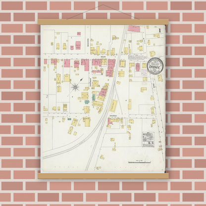 Old map wall art mockup — magnetic wood frame on brick wall — Sanborn Fire Insurance Map from Orange, Orange County, Virginia (1905) - Complete Map Set