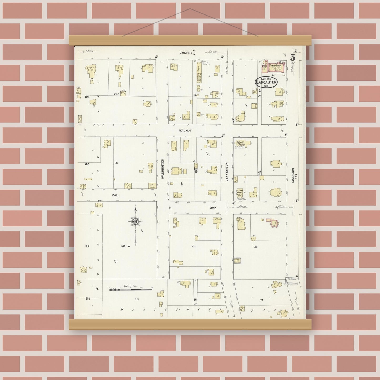 Old map wall art mockup — magnetic wood frame on brick wall — Sanborn Fire Insurance Map from Lancaster, Grant County, Wisconsin (1912), Sheet #0005