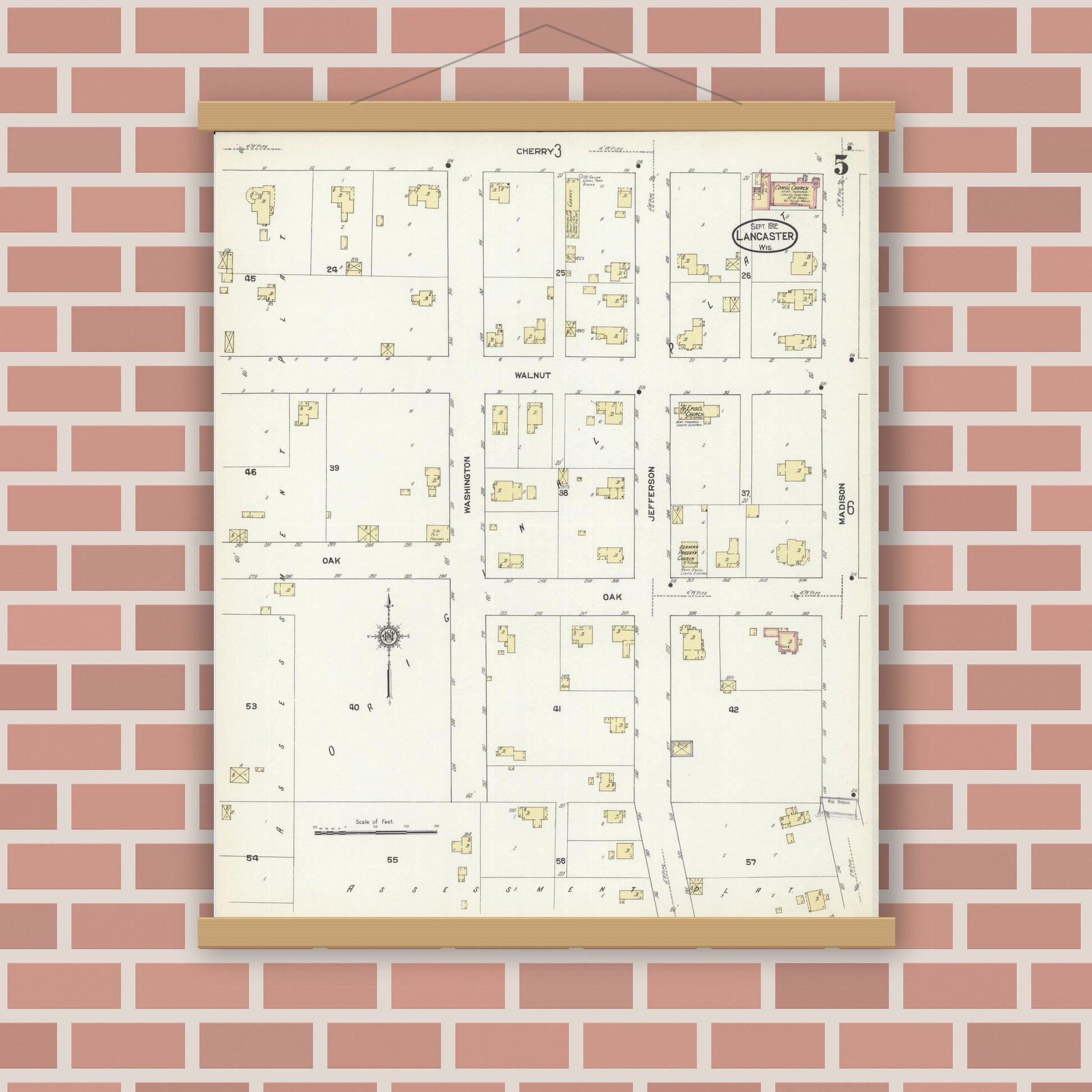 Old map wall art mockup — magnetic wood frame on brick wall — Sanborn Fire Insurance Map from Lancaster, Grant County, Wisconsin (1912), Sheet #0005