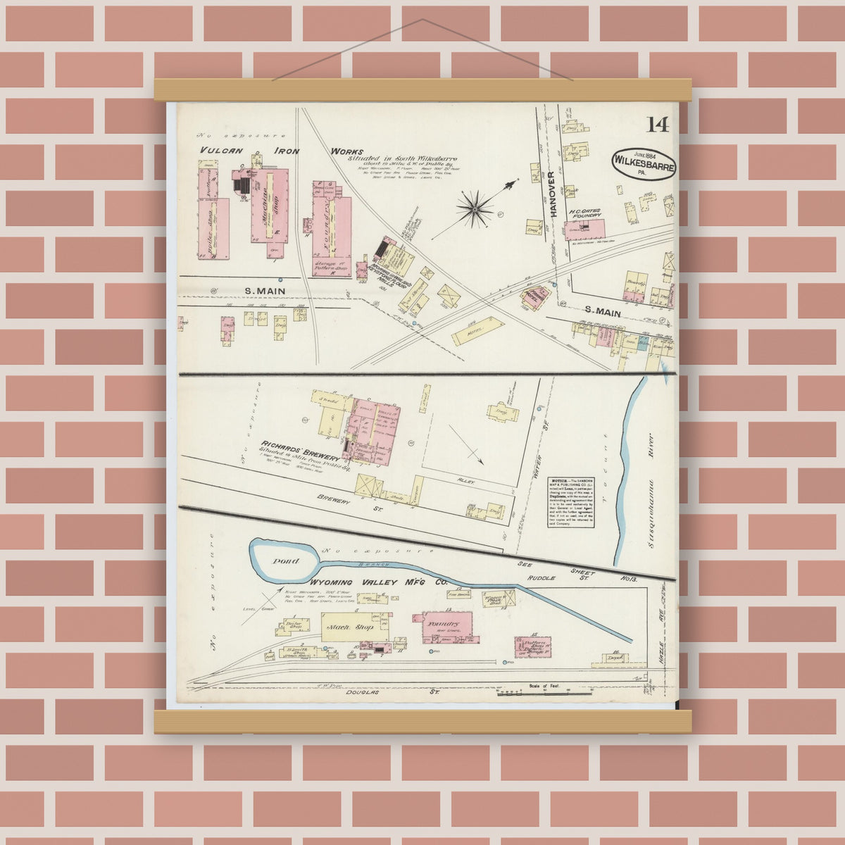 Old map wall art mockup — magnetic wood frame on brick wall — Sanborn Fire Insurance Map from Wilkes Barre, Luzerne County, Pennsylvania (1884), Sheet #0014