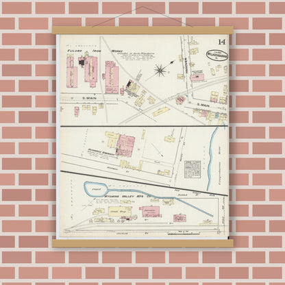 Old map wall art mockup — magnetic wood frame on brick wall — Sanborn Fire Insurance Map from Wilkes Barre, Luzerne County, Pennsylvania (1884), Sheet #0014