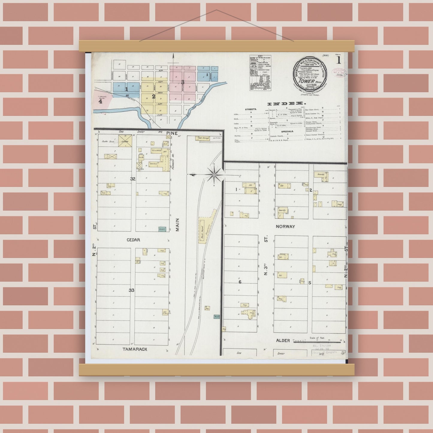 Old map wall art mockup — magnetic wood frame on brick wall — Sanborn Fire Insurance Map from Tower, Saint Louis County, Minnesota (1888) - Complete Map Set