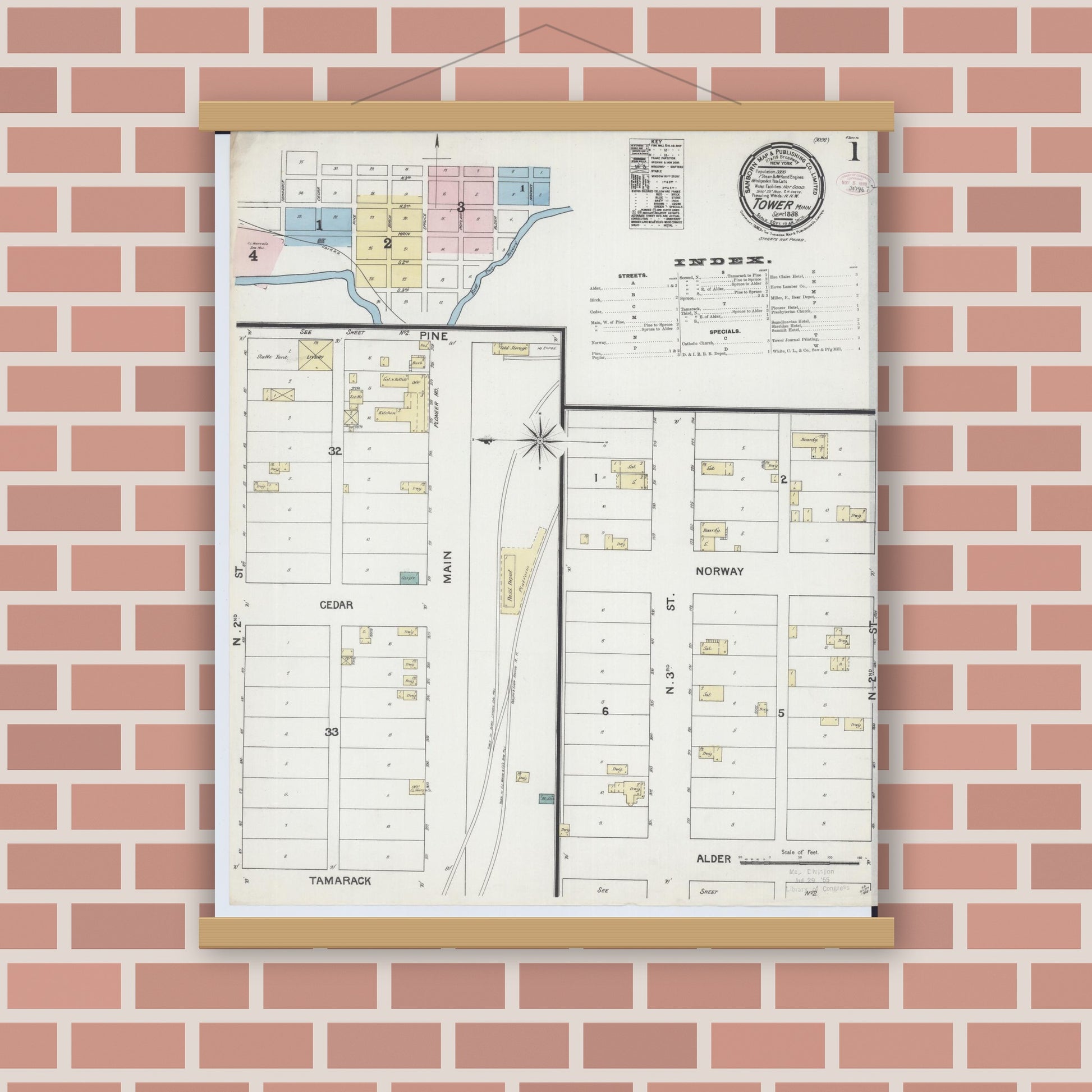 Old map wall art mockup — magnetic wood frame on brick wall — Sanborn Fire Insurance Map from Tower, Saint Louis County, Minnesota (1888) - Complete Map Set