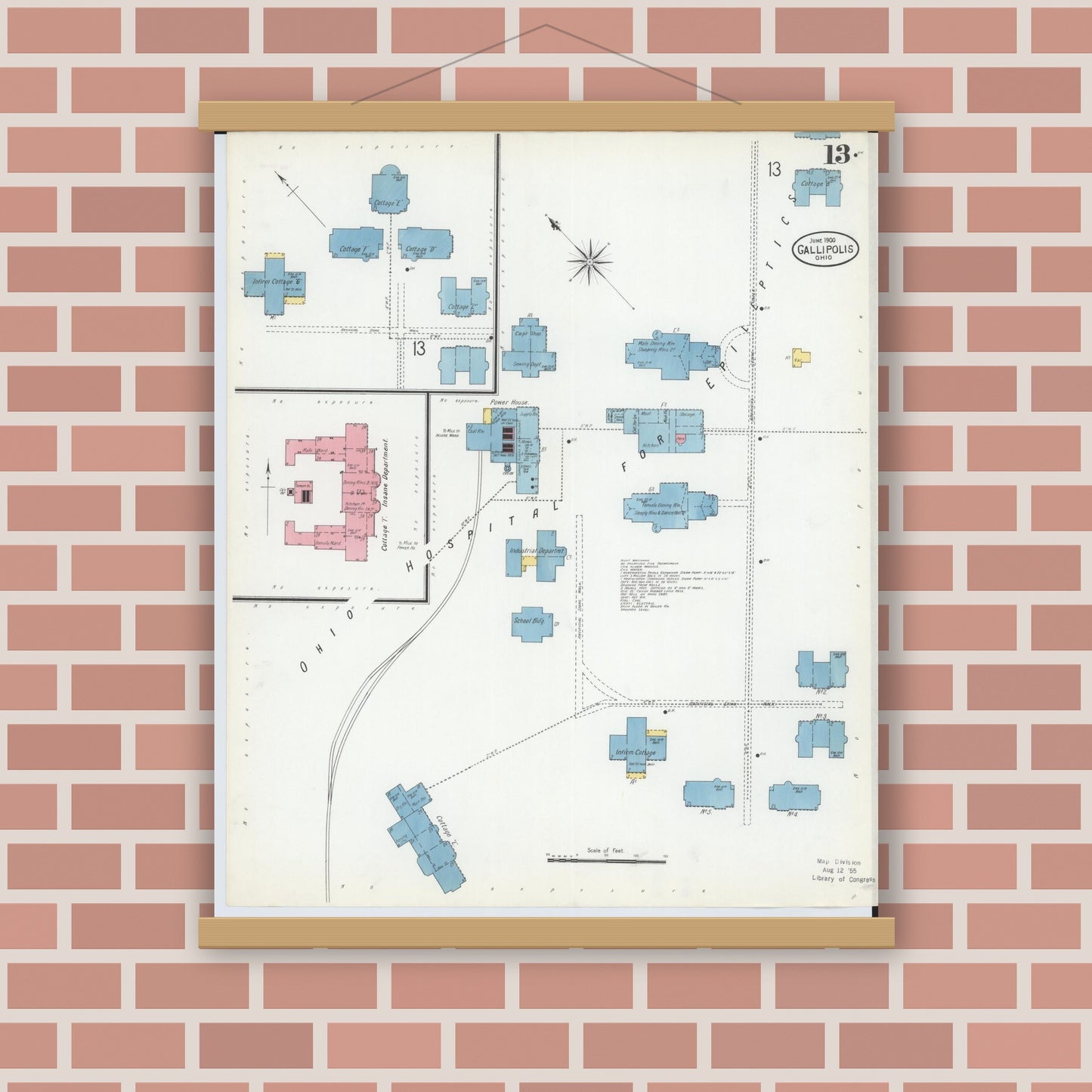 Old map wall art mockup — magnetic wood frame on brick wall — Sanborn Fire Insurance Map from Gallipolis, Gallia County, Ohio (1900), Sheet #0013