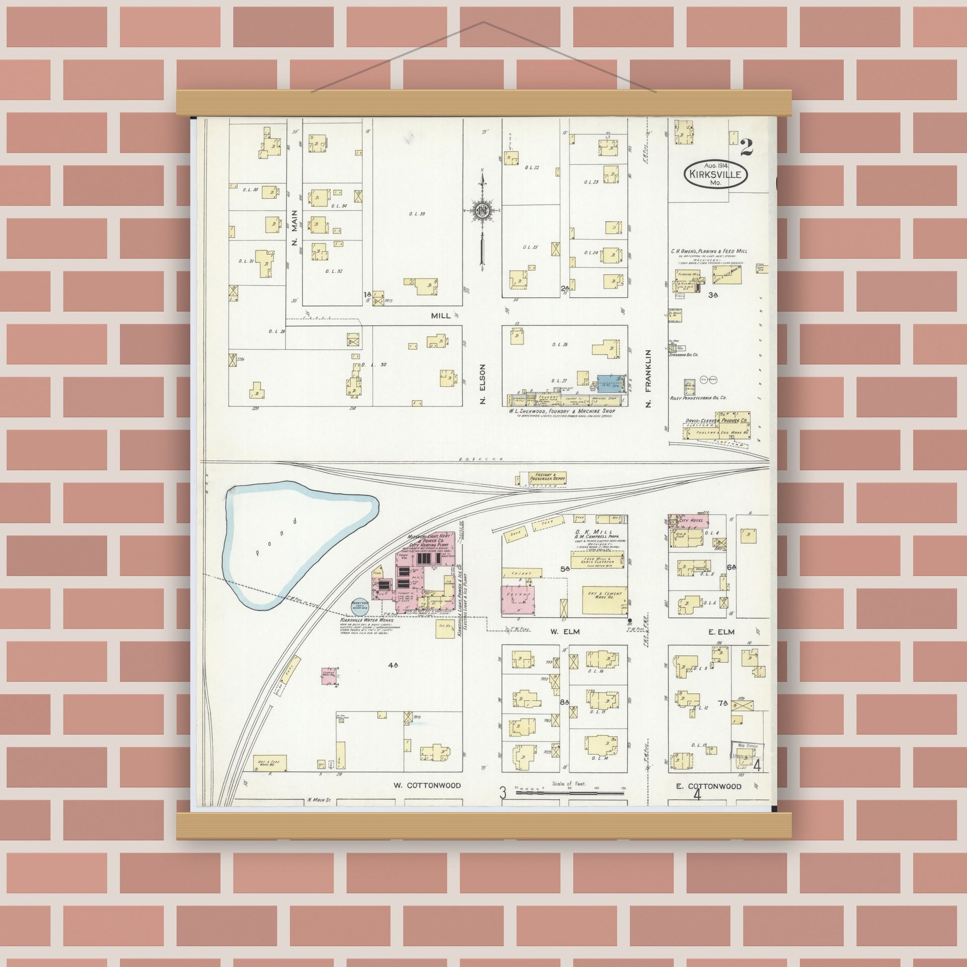 Old map wall art mockup — magnetic wood frame on brick wall — Sanborn Fire Insurance Map from Kirksville, Adair County, Missouri (1914), Sheet #0002