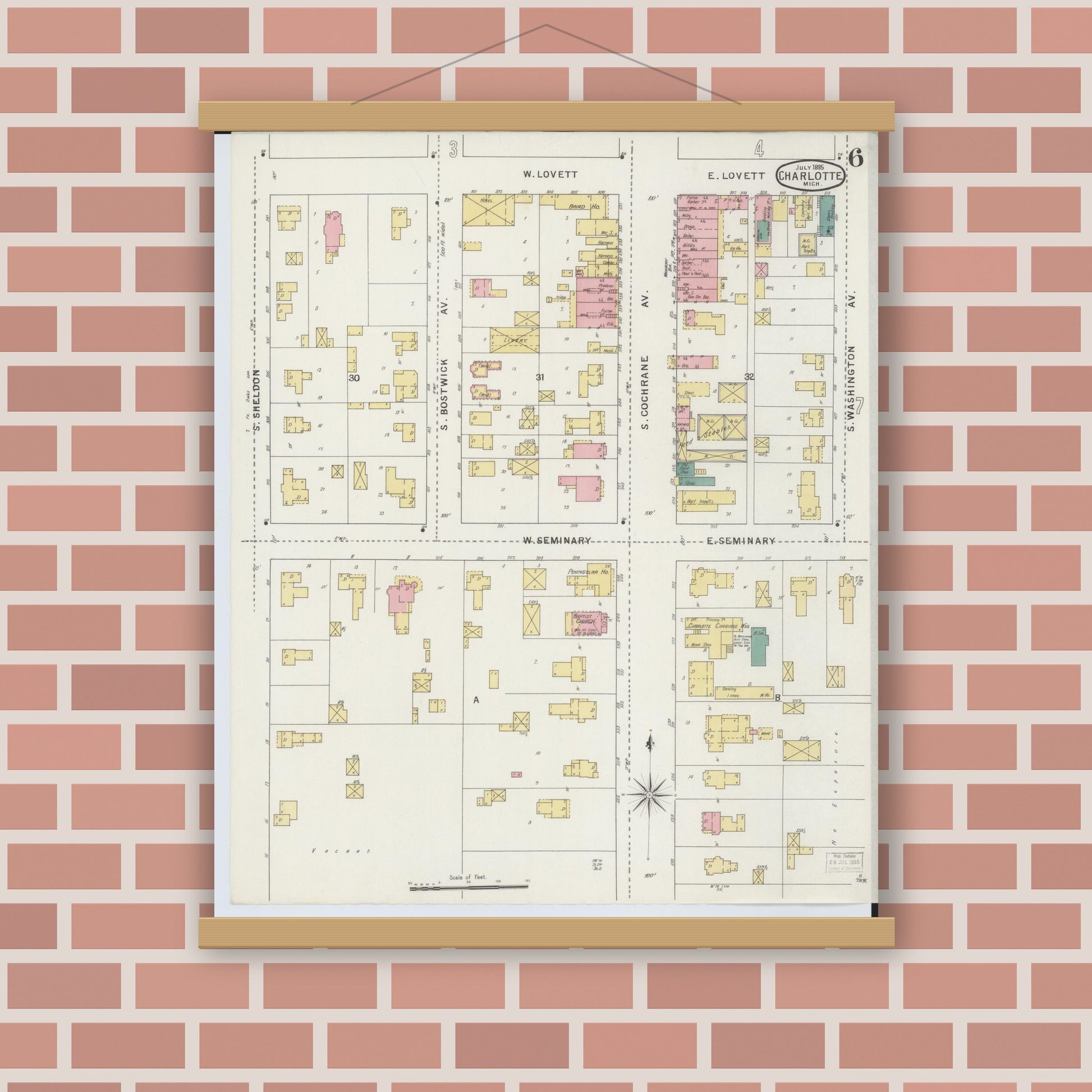 Old map wall art mockup — magnetic wood frame on brick wall — Sanborn Fire Insurance Map from Charlotte, Eaton County, Michigan (1895), Sheet #0006